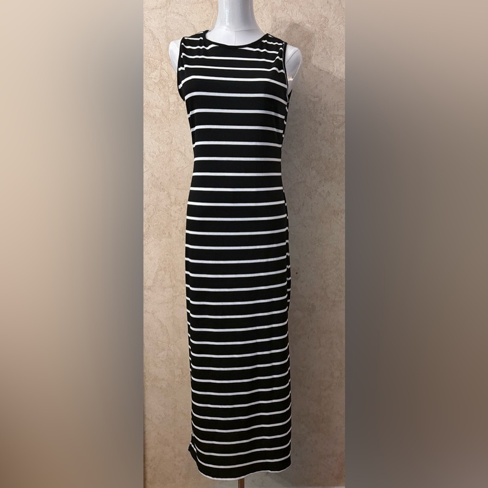 See You Monday Striped Black and White Midi Dress
